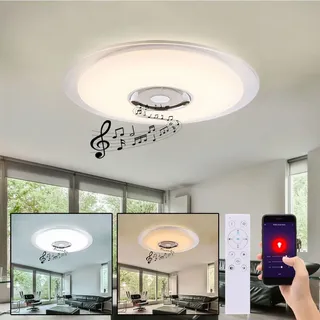 Deckenleuchte RGB LED Fernbedienung Musik Deckenlampe LED Lautsprecher Leuchte Tageslicht mit Bluetooth , Metall Chrom, Sternen-Effekt, 1x 36W 2300lm, DxH 60x6,1 cm