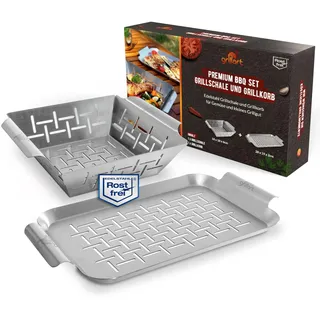 grillart® Premium Grillkorb und Grillschale Edelstahl (im Set), als Fisch-Grill und Grillschale verwendbar – universell einsatzbar und besonders langlebige Grillpfanne für den Grill - Grillzubehör