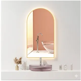 Hoko LED Badspiegel Bogen Beschlagfrei 50x90 cm / 90x50 cm San Diego mit Goldener Metallrahmen, HOCH+QUER Montage. Arch+Touch Schalter+Licht Wechsel - Gold