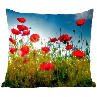 MuchoWow Dekokissen Mohnblumen - Toskana - Sonne - Rot - Blau, Zierkissen mit Füllung für Wohnzimmer, Sofakissen, 40x40 cm bunt Quadratisch | 40 cm x 15 cm x 40 cm