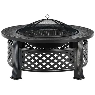 COSTWAY Feuerschale, mit Funkenschutz, Grillplatte & Schürhaken, 81cm, Metall schwarz