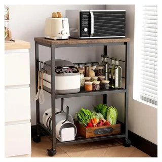 Metall Küchenregal mit Arbeitsfläche, 3-stufiger Servierwagen mit Rollen für Mini-Backofen und Mikrowelle, Metallrahmen, 210 lbs Tragkraft, Roll...