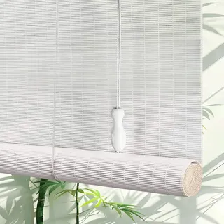 Weiße Bambusrollos Blickdicht,Fenster-Rollo Bambus,Innen Sonnenschutz Und Sichtschutz Rollo Fenstervorhänge/Lichtfilterung/Wasserdicht/Anti-UV Einfache Montage