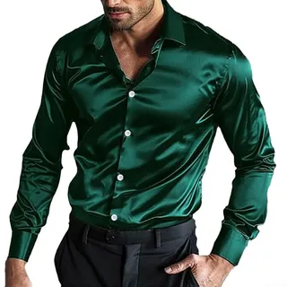 Herren-Seidenhemd aus Satin-Seide, langärmelig, Freizeithemden für Hochzeit, Party, Clubwear (L dunkelgrün)