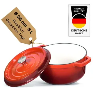 BIG-PAN Kochtopf Emaillierter Gusseisen Topf mit Deckel Ø26 cm 5L Bräter Dutch Oven, Gusseisen (Induktionsgeeignet Backofenfest, Kasserolle Brotbacktopf Cocotte) rot