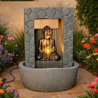 Festive Lights 43cm LED Buddha Solar Springbrunnen Grau Stein Optik Solar und USB Betrieb Solar Brunnen Garten für Innen und Außen Solar Brunnen für draussen Wasserspiel