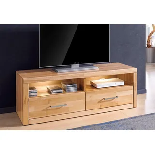 Home Affaire Lowboard »Logo,130cm breit,42 cm tief, Fronten Massivholz, Kabeldurchführung«, Holz massiv, Holzwerkstoff, Metall Griffe,2 Schubladen