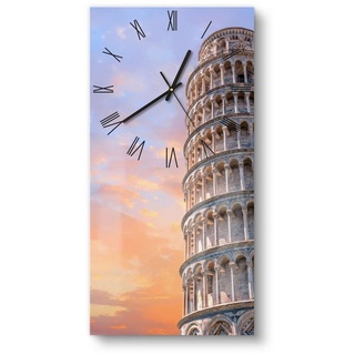 DEQORI Wanduhr 'Der Schiefe Turm von Pisa' (Glas Glasuhr modern Wand Uhr Design Küchenuhr) blau|gelb|orange 30 cm x 60 cm