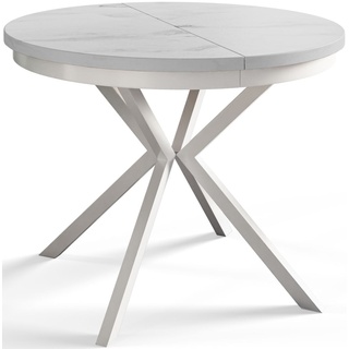 Runder Esszimmertisch BERG, ausziehbarer Tisch Durchmesser: 120 cm/200 cm, Wohnzimmertisch Farbe: Marmur, mit Metallbeinen in Farbe Weiß