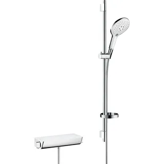 Duschsystem HANSGROHE "Aufputz 15cm, 3 Strahlarten mit Thermostat und Duschstange 90cm" Brausegarnituren weiß (weiß, chrom) Duschsysteme Weißchrom
