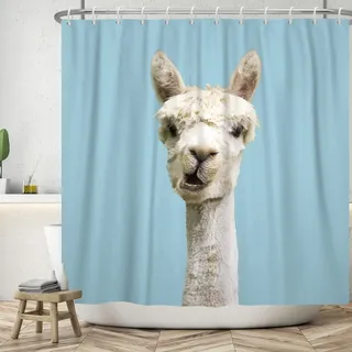ASDCXZ Duschvorhang Lustig 180x200 cm, Einfachheit Lustig Alpaka Gesicht Türkis Waschbar Textil Badezimmer Vorhänge Polyester Stoff Wasserdicht Duschvorhänge für Badewanne mit 12 Duschvorhang Hake
