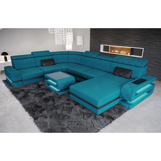 Sofa Dreams Wohnlandschaft Polster Stoff Couch Sofa Bologna XXL U Form Stoffsofa, Mikrofaser, mit LED, Schlafsofa Betfunktion, USB-Anschluss, Designersofa blau|schwarz