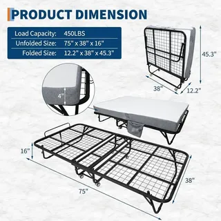 Klappbett - Gästebett 190 x 97 cm - 10 cm Memory-Foam-Matratze - Metallrahmen - Faltbar auf Rollen - Platzsparend für Büro und Wohnung