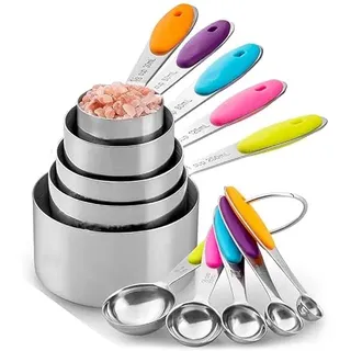 10 Stück Messlöffel Set, Cup Messbecher Set Edelstahl für Messen Flüssigkeiten und Feststoffe mit 5 Measuring Cups und spoons, Messwerkzeug von Küchen, Dosierlöffel Küchengeräte (Farbe)