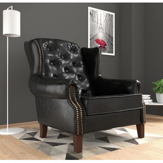 JVmoebel Ohrensessel, Ohrensessel Sessel Fernseh Design Polster Sofa Couch Chesterfield Leder 1 Sitzer schwarz