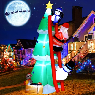 LUNSY XXL Aufblasbarer Weihnachtsbaum mit süßem Pinguin, Weihnachtsmann, Schneemann und Kleiner Maus,Aufblasbare Weihnachtsdekoration für den Außenbereich mit LED-Beleuchtung 210cm