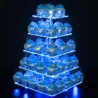 Ulifeme 5 Etagen Cupcake Ständer, Blau LED Lichterkette de Tortenständer Acryl für Hochzeit, Party, Geburtstag, Baby Duschen & Kuchen Dessert, Torten Etagere 5-stöckig, Quadrat Cupcake Stand