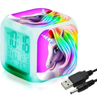 Digitaler Wecker Mit Einhorn-mädchen-motiv, Würfel-led-lcd-display Mit Leuchtfunktion
