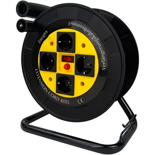 EnergyPro DL616B-EU Kabeltrommel leer IP44 4-fach Schuko Steckdosen, manueller Kabelaufroller mit klappbarem Griff, Leertrommel ohne Kabel
