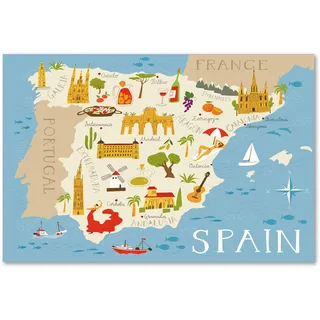 Postereck - 3363 - Spanien Karte, Kinder Kinderzimmer Meer Bunt - Kinder Kinderzimmer Kinderbild Wandposter Fotoposter Bilder Wandbild Wandbilder - Poster - 3:2-30,0 cm x 20,0 cm