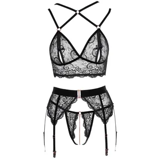 3-teiliges Straps-Set aus Spitze mit Samtdetails, schwarz, L