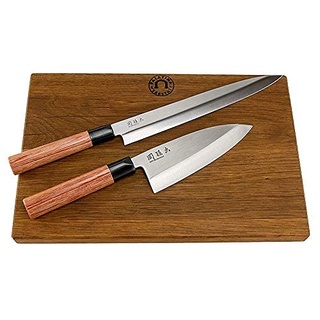 exklusives KAI Seki Magoroku Redwood Messerset | 1 Yanagiba (Sushi-Messer), 24 cm Klinge + 1 Deba(Fischmesser) 15,5 cm Klinge+ großes massives Schneidebrett aus Eiche (34x21 cm) | VK: 194,90 €