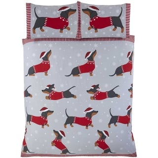 Rapport Home Dackel durch den Schnee King Size Bettbezug Weihnachten Bettwäsche-Set, 3-teilig, Baumwolle, Rot
