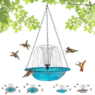 Solar-Kaskaden-Vogeltränke-Brunnen – Hängende Vogeltränke für den Außenbereich mit solarbetriebener Pumpe und Kaskaden-Wasserspieleinsatz für Garten Terrasse und Balkon (Blue A)
