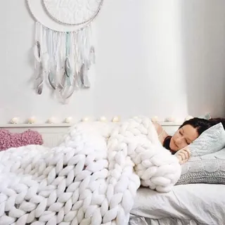 Riyueyi Gestrickte Decke Grob Kuscheldecke Grobe Strickdecke Wolle Garn Super große handgewebte Decke Haustier Bett Stuhl Sofa,Weiß,100x200cm/39x78in