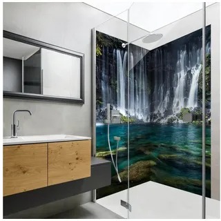 Bilderdepot24 Duschrückwand Wasserfall petrol Duschrückwand ohne Bohren Wald Natur, (2-tlg., 0,61 mm starke Folie selbstklebend Wandpaneele Dusche versch. Größen), fugenlose & wasserfeste Motiv Rückwand Wandverkleidung für Duschkabine blau 80 cm x 210 cm