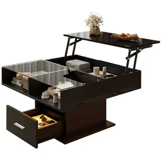 Multifunktionaler Hochglanz-Lift-Couchtisch 78x78x59,5 mit LED-Beleuchtung, Höhenverstellbar, Klappbar in Schwarz