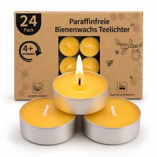 LETINE 24 Pack Bienenwachs Teelichter Kerzen - Reines Bienenwachs Teelicht, Naturbelassene Bio Teelichter ohne Duft - Rauchfrei & Sauber Brennend mit über 4 Stunden Brenndauer