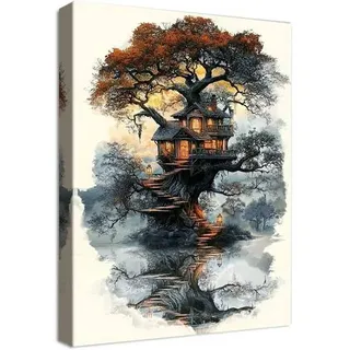 Leinwandbild Baumhaus Mystischer 30L x 40B cm Mystischer Wald Baumhaus