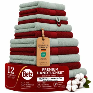 Betz Premium Handtuch-Set 12-teilig – 100% Baumwolle – Oeko-TEX® Zertifiziert – 470 g/m2 – 2 Duschtücher, 4 Handtücher, 2 Gästetücher, 2 Seiftücher & 2 Waschhandschuhe - Farbe rubinrot/heugrün