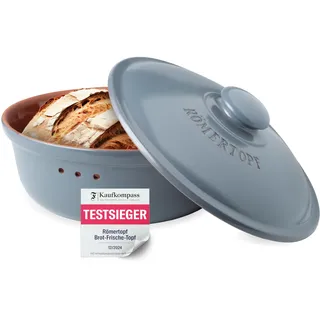Römertopf Brottopf rund Ø 30 cm, 4,5 L – Brotkasten aus Keramik mit Deckel für 1–2 Brotlaibe, hält Brot und Brötchen länger frisch, atmungsaktiver Tontopf – Blau-Grau
