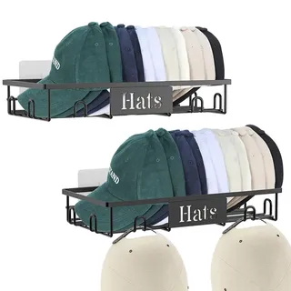 Wotendy 2 Stück Cap Halter Hutständer für Wand, Metall Baseballkappen Aufbewahrung Kappenhalter, hält 20 Hüte, Huthalter Cap Organizer, kein Bohren, schwarz