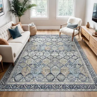 BEIMO Vintage Waschbarer Teppich Wohnzimmer, 120x170cm Blumenblau | Boho Orientalisch, Großer Weicher Kurzflor Carpet mit Rutschfester für Küche und Bettvorleger Schlafzimmer