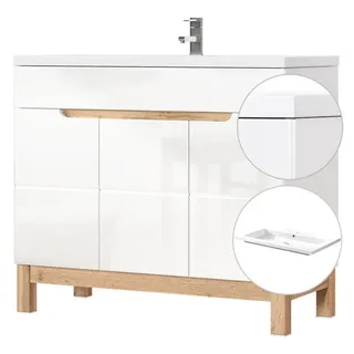 Lomadox Waschtisch Set mit 100cm Unterschrank in Hochglanz weiß, Wotaneiche, Keramik-Waschbecken, Softclose-Türen, B/H/T 100/85/46cm