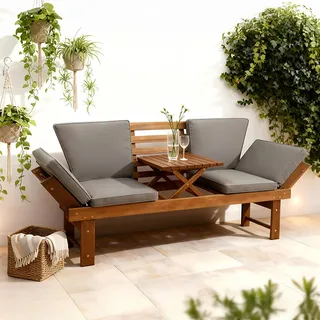 Sitzbank MODULAR - 200cm - natur grau - Akazie - mit Tisch inkl. Kissen klappbar