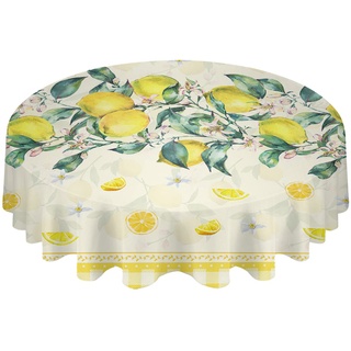 Tischdecke 152cm Gelbe Zitronen-Sommerblumen-Zitronen-Karokaro Tischtuch Rund Wachstuch Abwaschbar Wachstischdecke Für Party Terrasse Jubiläum