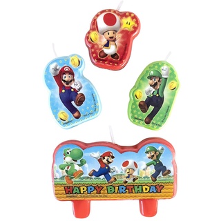 Amscan 171554-55 - Mini-Figurenkerzen Super Mario, Happy Birthday, 4 Stück, Geburtstagskerzen