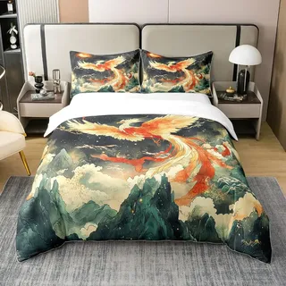 100% Baumwolle Phoenix Bettbezug 155x220,Chinesische Orientalische Vogel Wild Tier Bettwäsche Set,Geheimnisvolle Phoenix Tröster Abdeckung,Sun Galaxy Sterne Sternenhimmel Bettbezug Weich Atmungsaktiv
