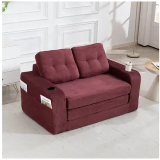 BlingBin Schlafsofa Klappbares Schlafsofa mit Kissen, Klappsofa, Bodensofa, Relaxsessel, 2-Sitzer Sofa aus Cordstoff mit Getränkehaltern und Seitentaschen 1 Teile, Rahmenloses Zweisitzer-Sofa mit gesteppten Kissen und Rückenlehne rot 135 cm x 82.5 cm x 80 cm