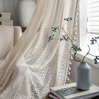 tokusyou Bohemian Gardinen Vorhänge Baumwolle Leinen mit Quasten und Häkeln Stricken für Wohnzimmer Schlafzimmer 1 Stück B150×H240cm