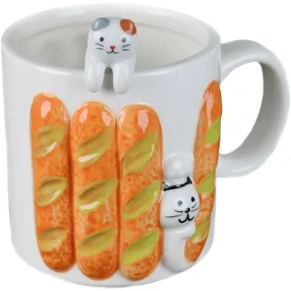 Katzen-Tasse Niedliche Keramik Kaffeebecher Neuheit Katze Tasse mit Süße Katze Löffel Morgen Cup Tee Milch Becher für Frauen Freunde Kinder 350ML (Baguette)