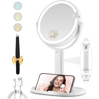 MOMOKUBA Kosmetikspiegel mit Beleuchtung, Vergrößerungsspiegel mit Licht 20fach, Kosmetikspiegel mit Vergrößerung 7", Doppelseitig 3 Farben 64 Led, Schminkspiegel mit Beleuchtung 360° Drehbar, Beige