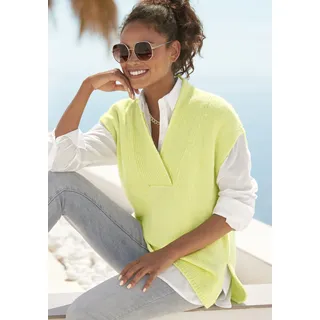 Kurzarmpullover LASCANA Gr. 40/42, grün (limone) Damen Pullover V-Pullover mit V-Ausschnitt, Pullunder in Oversize-Form Schlitzen