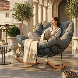 FLEXISPOT Schaukelsessel Outdoor, Gartenliege & Loungesessel mit Kissen, stabilem Metallrahmen, ideal für Balkon, Terrasse, Garten & Wohnzimmer, Grau - Grau