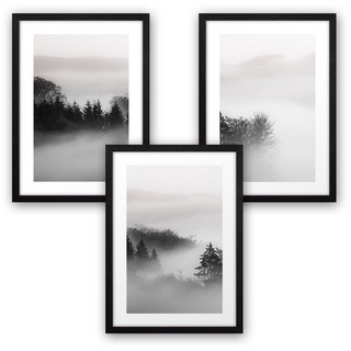 Kreative Feder Poster, Landschaft, Natur, Wald, Nebel, schwarz-weiß (Set, 3 St), 3-teiliges Poster-Set, Kunstdruck, Wandbild, optional mit Rahmen, wahlw. in DIN A4 / A3, 3-WP050