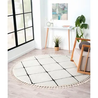 Myflair Möbel & Accessoires Hochflor-Teppich Moroccan Square, rund, Höhe: 24 mm, modern, marokkanisches Design, Rauten Muster, weich, mit Fransen schwarz|weiß Ø 190 cm x 190 cm x 190 cm x 24 mm